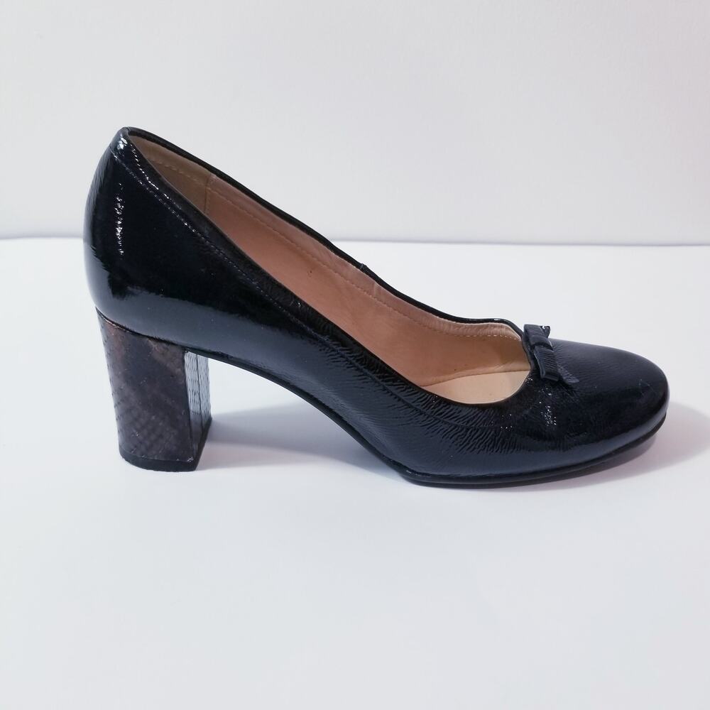 Anyi Lu Black Patent Bow Block Heels Shoes